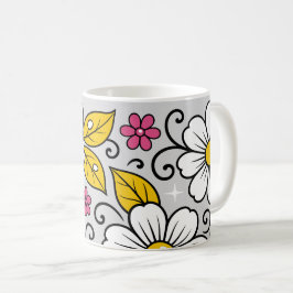 Caneca De Café Padrão Floral Alegre com Contornos Ousados