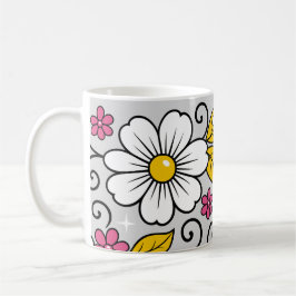 Caneca De Café Padrão Floral Alegre com Contornos Ousados