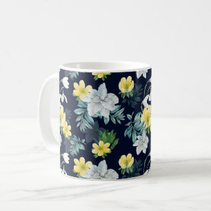 Caneca De Café Padrão Floral Amarelo e Cinza