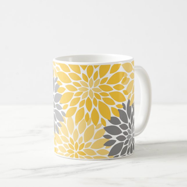 Caneca De Café Padrão Floral Amarelo e Cinza Chrysanthemum (Frente Esquerda)