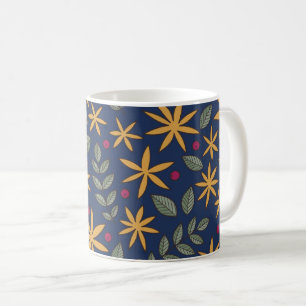 Caneca De Café Padrão Floral Amarelo Elegante em Azul