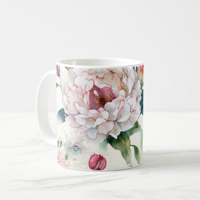 Caneca De Café Padrão floral asiático delicado e elegante de aqua (Frente Esquerda)