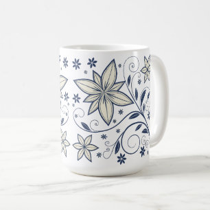 Caneca De Café Padrão Floral Azul do Marinho Elegante  