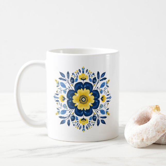 Caneca De Café Padrão Floral Azul e Amarelo (Com Donut)