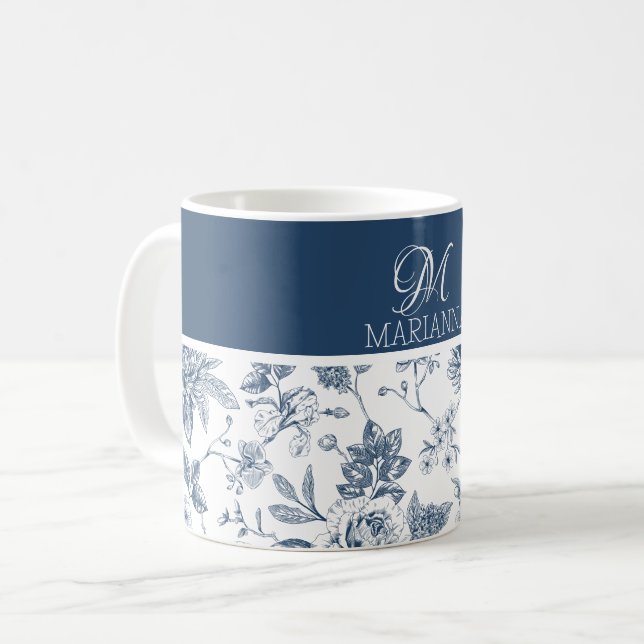 Caneca De Café Padrão Floral Azul e Nome Personalizado (Frente Esquerda)