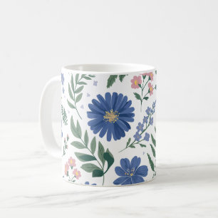 Caneca De Café Padrão Floral Azul Elegante com verde fresco