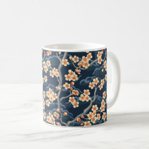 Caneca De Café Padrão Floral Azul Marinho Coral Creme Sakura