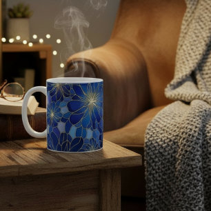 Caneca De Café Padrão Floral Azul Moderno Dourado
