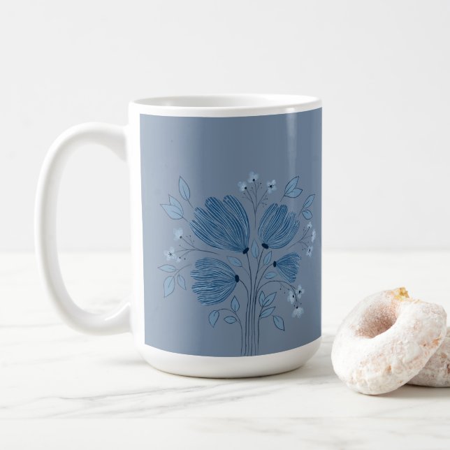 Caneca De Café Padrão Floral Azul no Denim Azul Esmaecido (Com Donut)