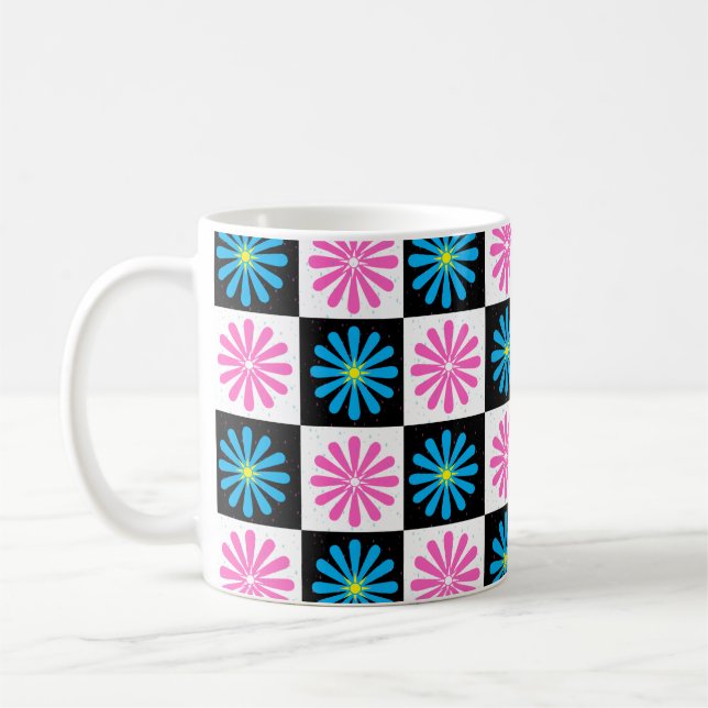 Caneca De Café Padrão Floral Azul-Rosa Geométrico (Esquerda)