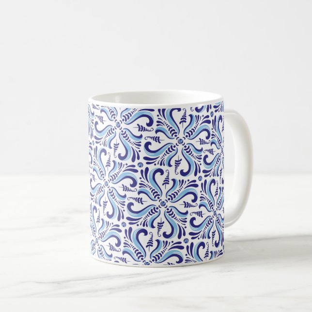Caneca De Café Padrão Floral Azulejos Azul (Frente Esquerda)