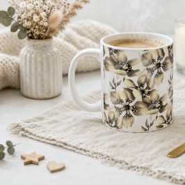 Caneca De Café Padrão Floral Bege Elegante Neutro Clássico