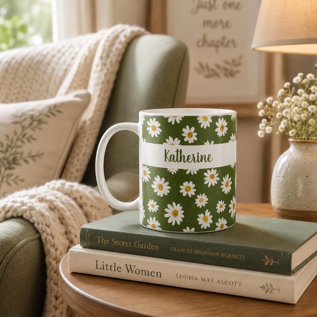 Caneca De Café Padrão Floral Boho Daisy Verde (Criador carregado)