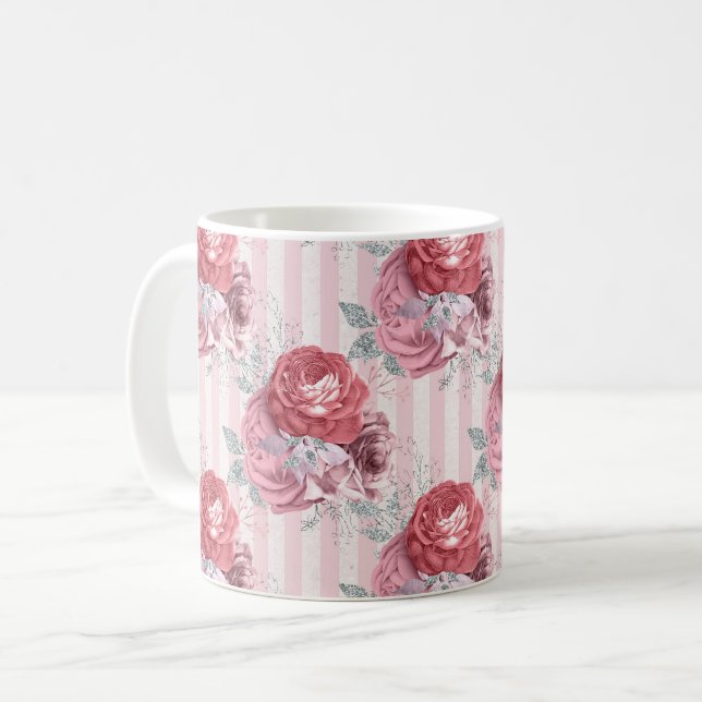 Caneca De Café Padrão Floral bonito com risca rosa (Frente Esquerda)
