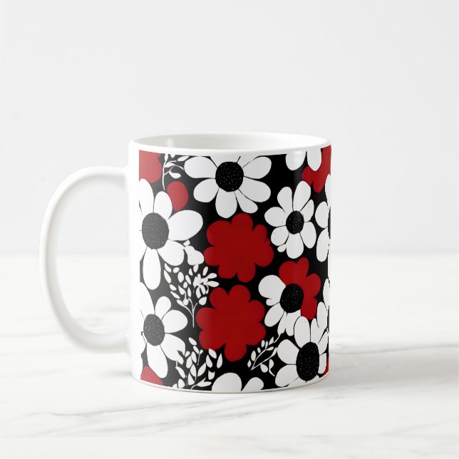 Caneca De Café Padrão Floral bonito em Vermelho, Preto e Branco (Esquerda)