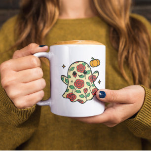 Caneca De Café Padrão Floral Bonito Fantasma e Abóbora Halloween