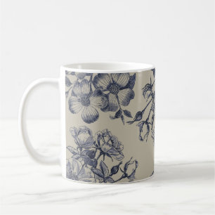 Caneca De Café Padrão Floral Botânico Toile Azul Vintage Antigo