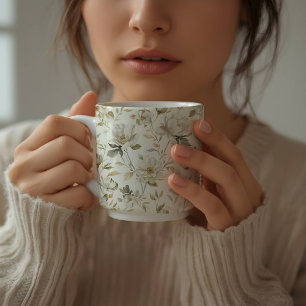 Caneca De Café Padrão Floral Branco em Aquarela Suave