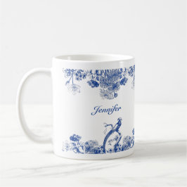 Caneca De Café Padrão Floral Chinês Azul e Branco com Pássaro