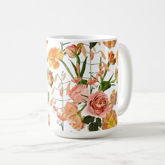 Caneca De Café Padrão floral com flores laranja. (Frente Esquerda)