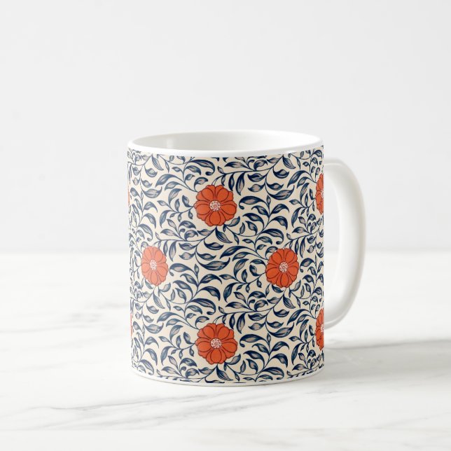 Caneca De Café Padrão floral contínuo com flor laranja vibrante (Frente Esquerda)