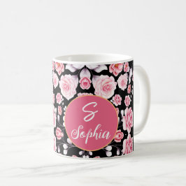 Caneca De Café Padrão Floral cor-de-rosa vivo Monograma