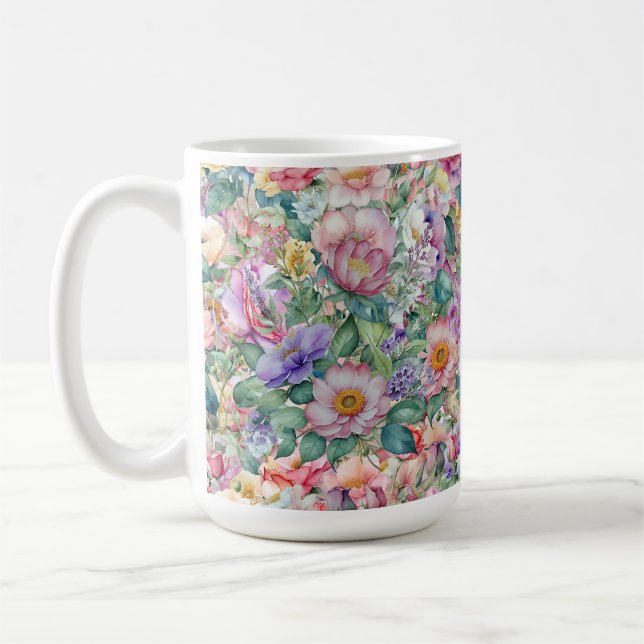 Caneca De Café Padrão Floral de Aquarela, Fundo Floral (Esquerda)