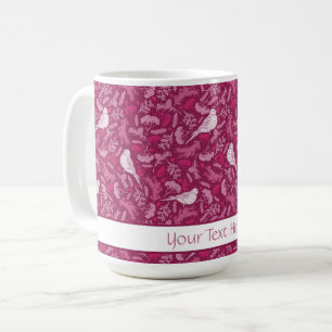 Caneca De Café Padrão Floral de Aves Brancas Brilhante, Rosa-Bril