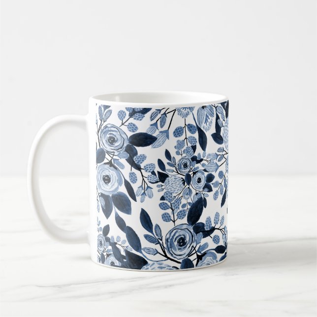 Caneca De Café Padrão Floral de Cor de Água Azul do Pastel do mar (Esquerda)
