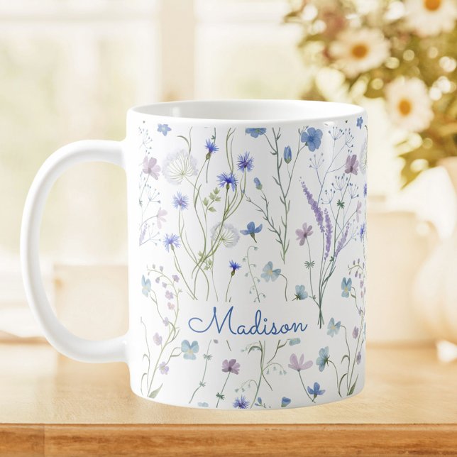 Caneca De Café Padrão Floral de Flor Bonito Roxo Azul (In situ)
