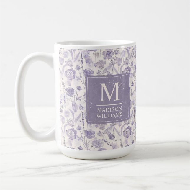 Caneca De Café Padrão Floral de Flores de Lavanda Roxo Aquarela (Esquerda)