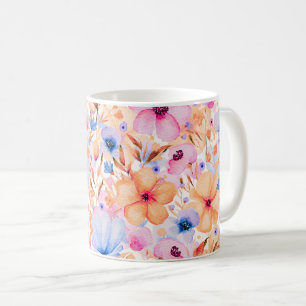 Caneca De Café Padrão Floral de Flores Silvestres Coloridas em Aq