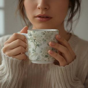 Caneca De Café Padrão Floral de Hortênsia Branca Delicada