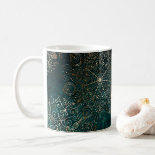 Caneca De Café Padrão Floral de Mandala Verde Elegante Dourado e