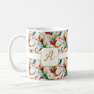 Caneca De Café Padrão floral de Natal com monograma espiralado