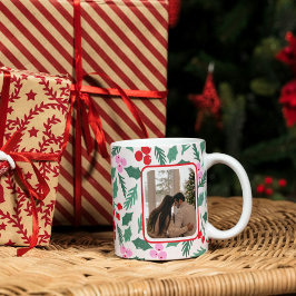 Caneca De Café Padrão Floral de Natal Vermelho e Verde Moderno