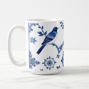 Caneca De Café Padrão Floral de Pássaro em Chinoiserie Azul
