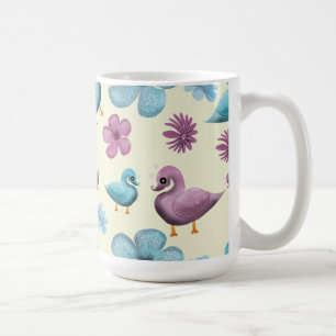 Caneca De Café Padrão Floral de Pato Fofo Estética Pastel Kawaii 