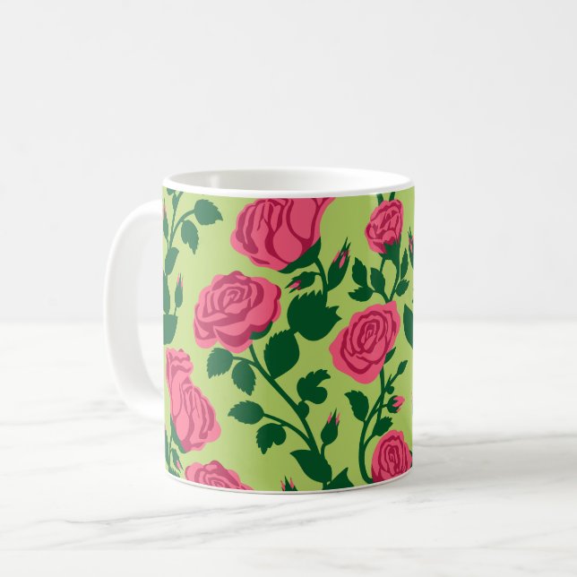Caneca De Café Padrão Floral de Rosa Rosa (Frente Esquerda)