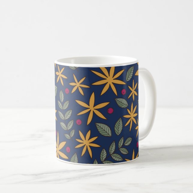 Caneca De Café Padrão Floral Dourado Desenho Botânico (Frente Esquerda)