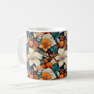 Caneca De Café Padrão Floral Elegante de Flor Laranja Turquesa
