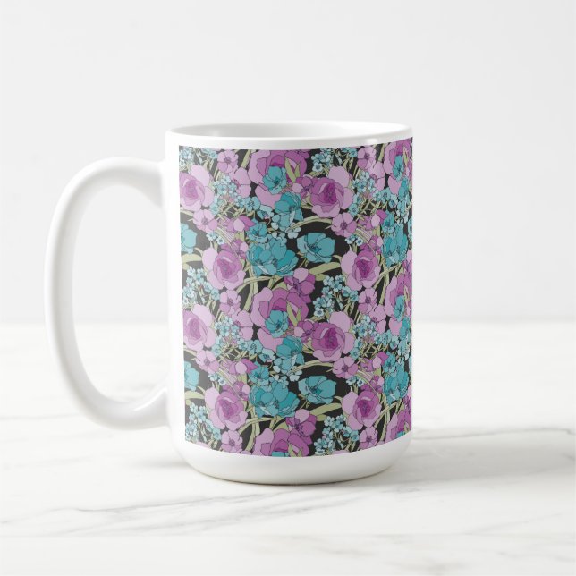 Caneca De Café Padrão Floral Elegante Fundo Preto Púrpura Rosa (Esquerda)