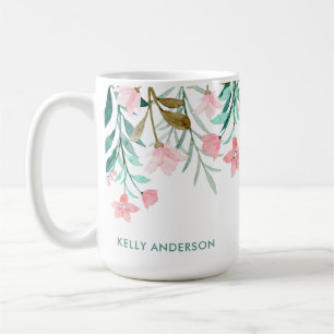 Caneca De Café Padrão Floral em Aquarela Feminino Monogramado