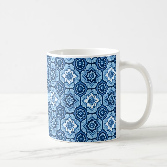 Caneca De Café Padrão Floral Geométrico Azul Elegante (Direita)