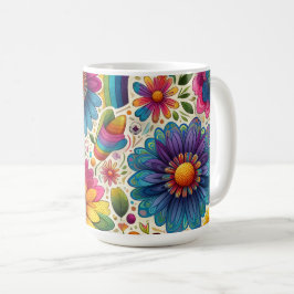 Caneca De Café Padrão Floral Hippie Arco-Íris Retrô