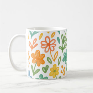 Caneca De Café Padrão Floral Ilustrado em Laranja Azul e Amarelo