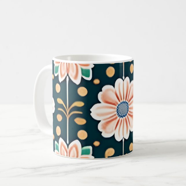 Caneca De Café Padrão Floral Laranja num Fundo Preto (Frente Esquerda)