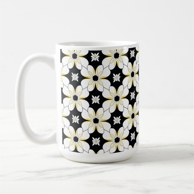 Caneca De Café Padrão Floral Monocromático Com Detalhe Amarelo Su (Esquerda)