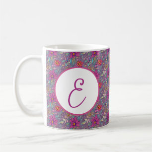 Caneca De Café Padrão floral monograma roxo e amarelo