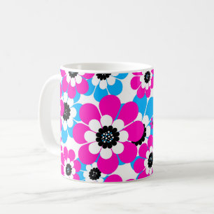 Caneca De Café Padrão floral neon brilhante vermelho vivo e azul